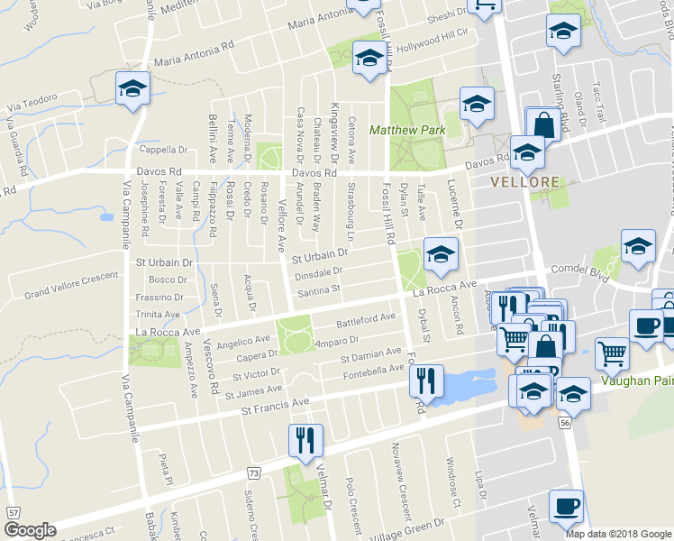 map of restaurants, bars, coffee shops, grocery stores, and more near Dinsdale Drive in Vaughan