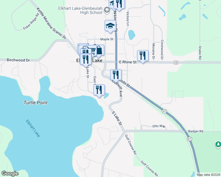 map of restaurants, bars, coffee shops, grocery stores, and more near 101 Osthoff Avenue in Elkhart Lake