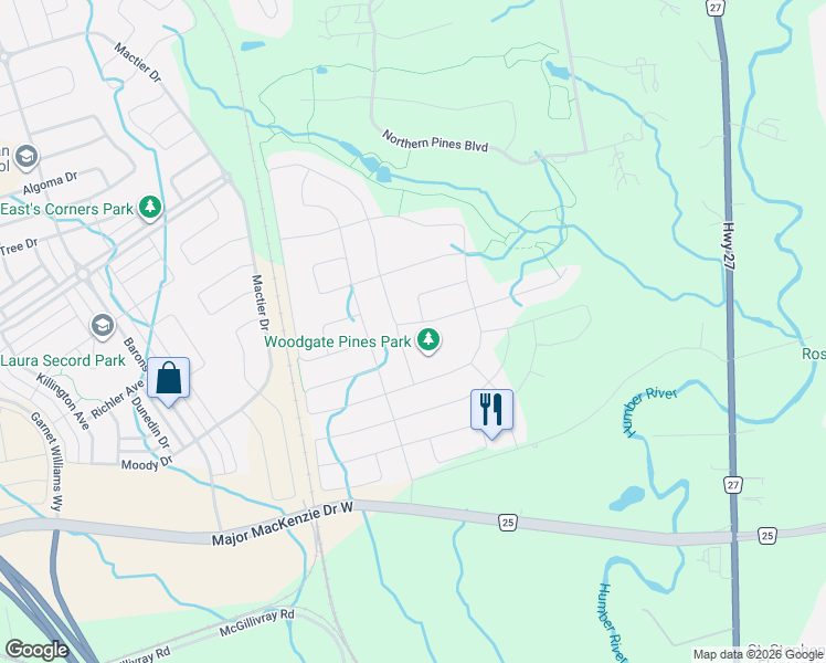 map of restaurants, bars, coffee shops, grocery stores, and more near 65 Port Royal Avenue in Vaughan