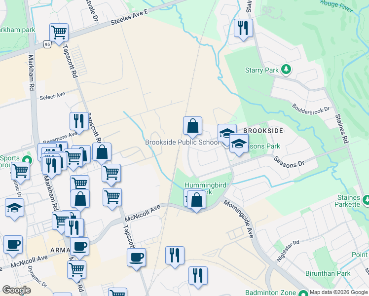 map of restaurants, bars, coffee shops, grocery stores, and more near 112 Hummingbird Drive in Toronto
