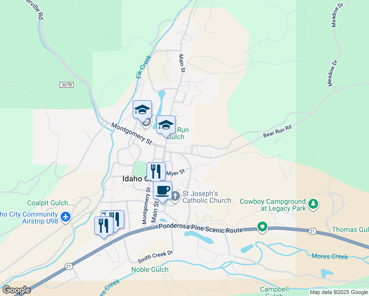 map of restaurants, bars, coffee shops, grocery stores, and more near 113 East Hill Road in Idaho City