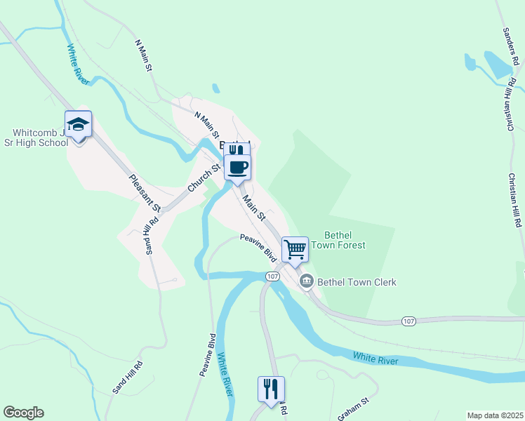 map of restaurants, bars, coffee shops, grocery stores, and more near 167 South Main Street in Bethel