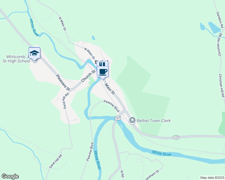 map of restaurants, bars, coffee shops, grocery stores, and more near 167 South Main Street in Bethel