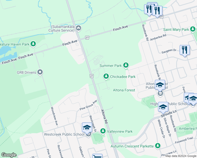 map of restaurants, bars, coffee shops, grocery stores, and more near in Pickering
