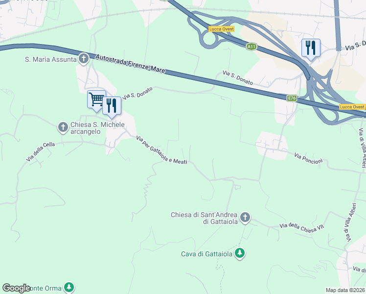 map of restaurants, bars, coffee shops, grocery stores, and more near 598/A Via per Gattaiola e Meati in Lucca