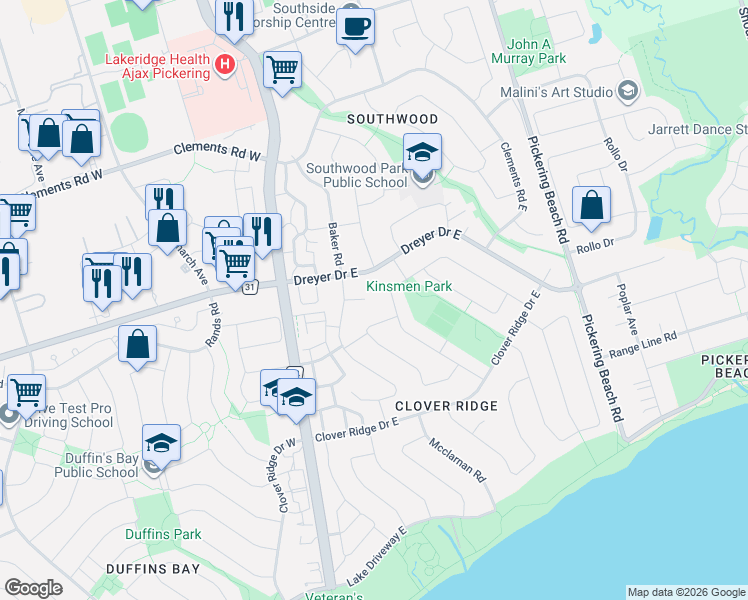 map of restaurants, bars, coffee shops, grocery stores, and more near 11 Kinnison Court in Ajax