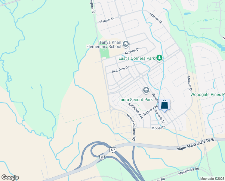 map of restaurants, bars, coffee shops, grocery stores, and more near 18 East's Corners Boulevard in Vaughan