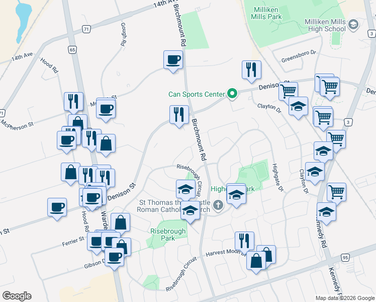 map of restaurants, bars, coffee shops, grocery stores, and more near in Markham