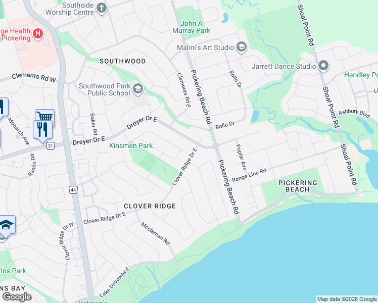 map of restaurants, bars, coffee shops, grocery stores, and more near 5 Clark Road in Ajax