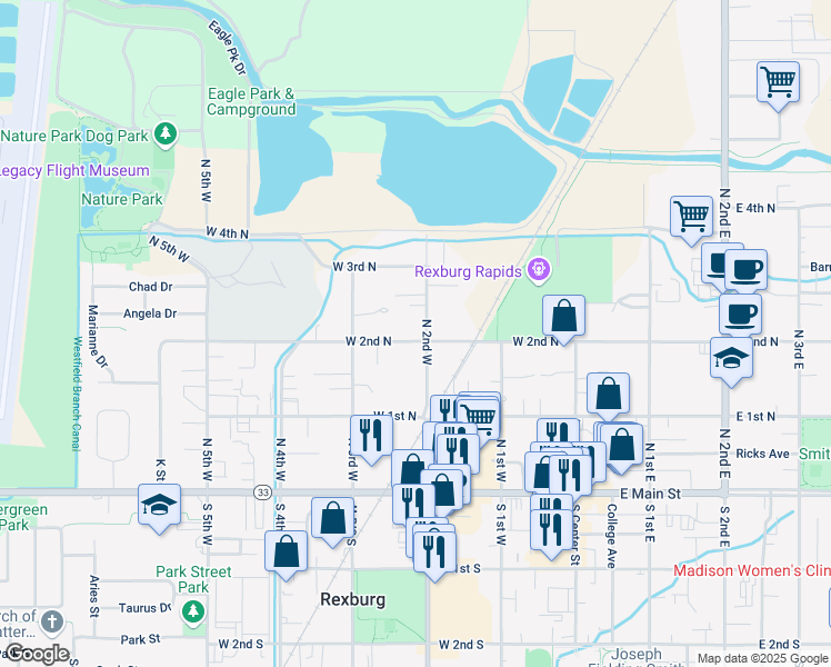 map of restaurants, bars, coffee shops, grocery stores, and more near 141 North 2nd West in Rexburg