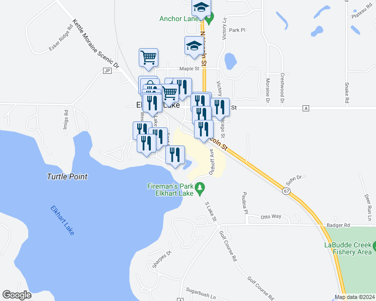 map of restaurants, bars, coffee shops, grocery stores, and more near 101 Osthoff Avenue in Elkhart Lake
