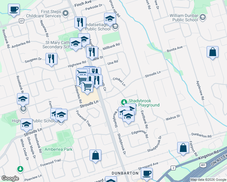 map of restaurants, bars, coffee shops, grocery stores, and more near 700 Stonepath Circle in Pickering