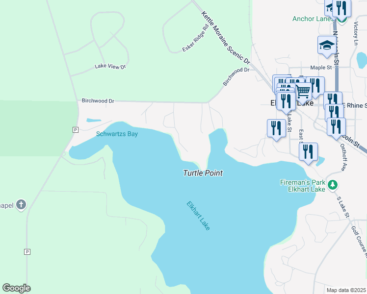 map of restaurants, bars, coffee shops, grocery stores, and more near 754 Elkhart Lake Drive in Elkhart Lake