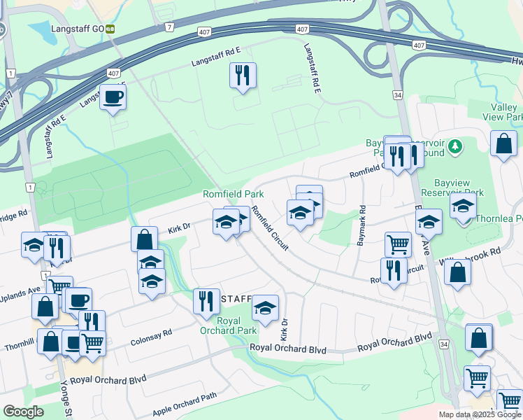 map of restaurants, bars, coffee shops, grocery stores, and more near 134 Romfield Circuit in Markham