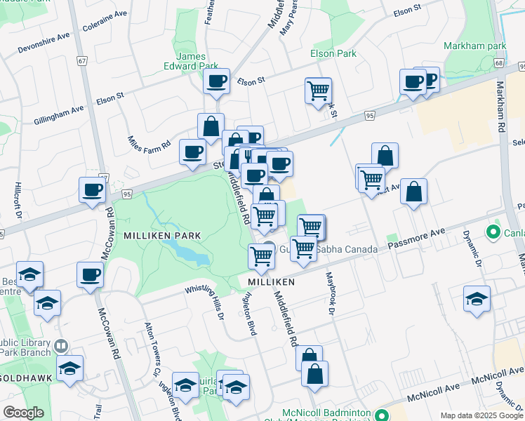 map of restaurants, bars, coffee shops, grocery stores, and more near 2 Select Avenue in Toronto