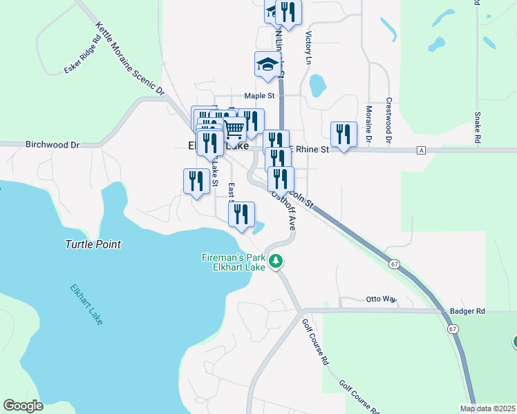 map of restaurants, bars, coffee shops, grocery stores, and more near 101 Osthoff Avenue in Elkhart Lake