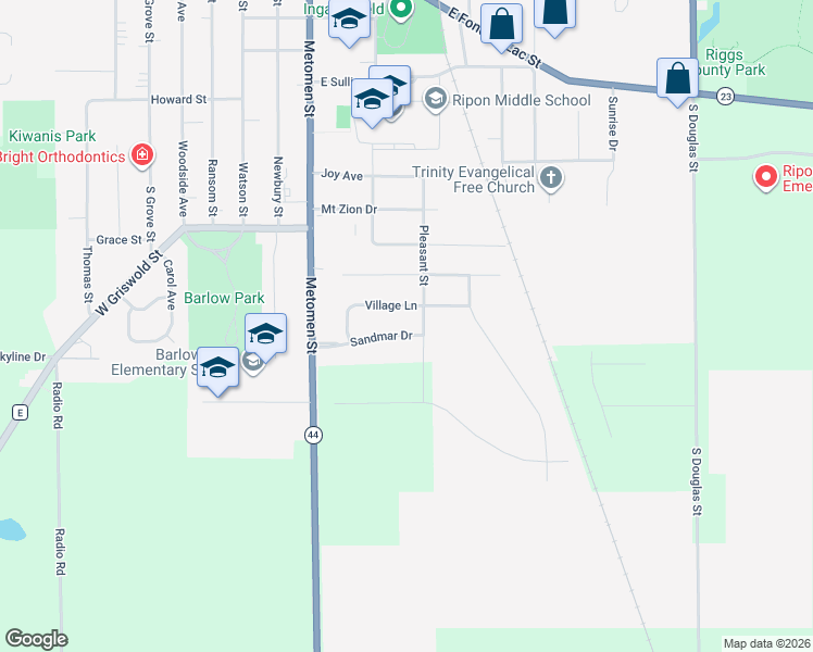 map of restaurants, bars, coffee shops, grocery stores, and more near 429 Sandmar Drive in Ripon