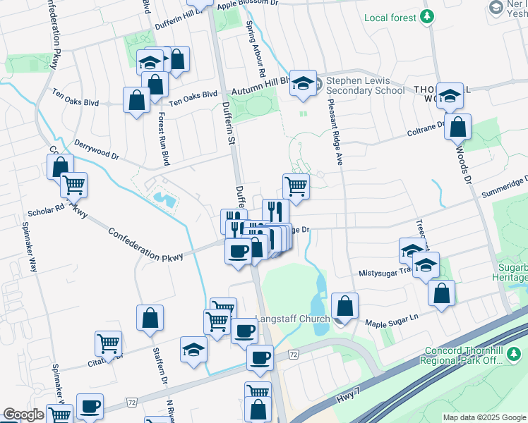 map of restaurants, bars, coffee shops, grocery stores, and more near 18 Summeridge Drive in Vaughan