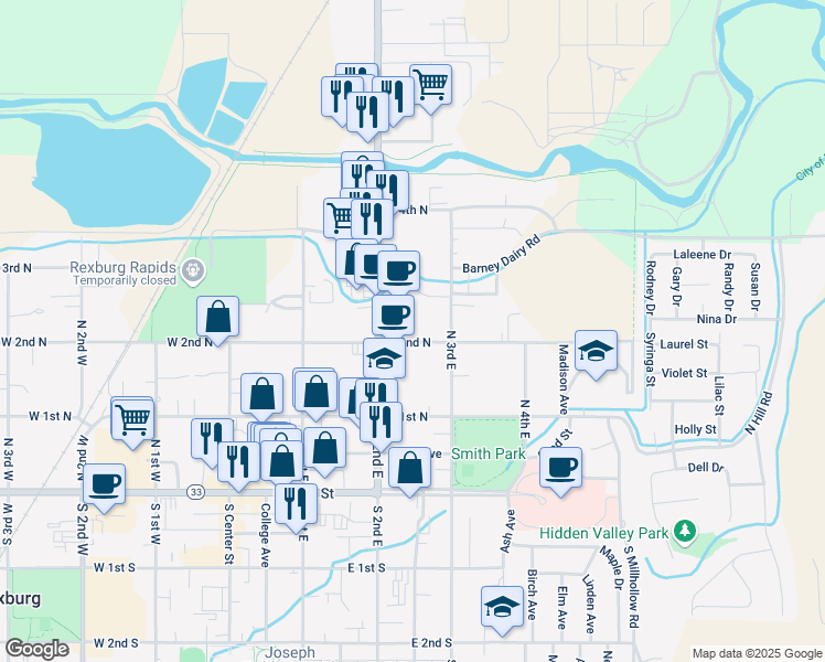map of restaurants, bars, coffee shops, grocery stores, and more near 230 East 2nd North in Rexburg