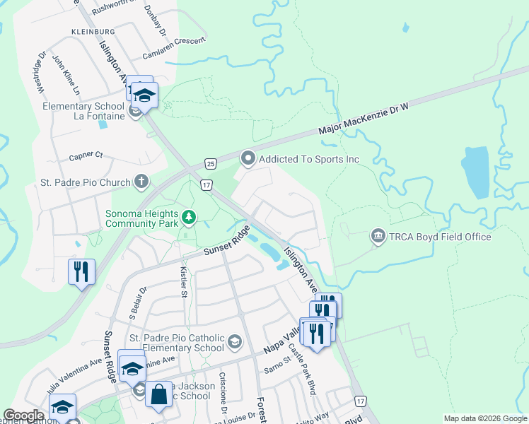 map of restaurants, bars, coffee shops, grocery stores, and more near 10 Blue Diamond Terrace in Vaughan