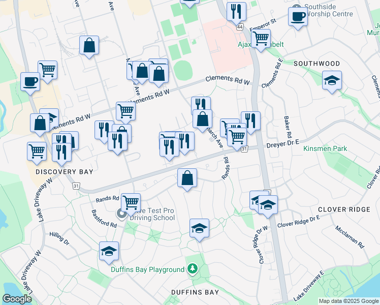 map of restaurants, bars, coffee shops, grocery stores, and more near in Ajax