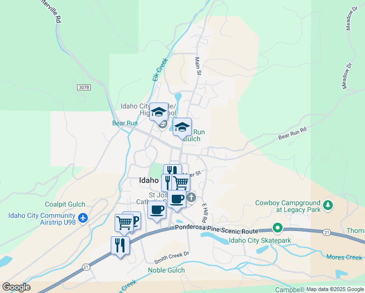 map of restaurants, bars, coffee shops, grocery stores, and more near 101 Elk Creek Road in Idaho City