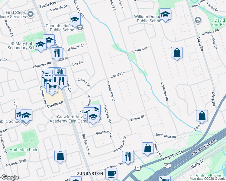 map of restaurants, bars, coffee shops, grocery stores, and more near 1817 Spruce Hill Road in Pickering