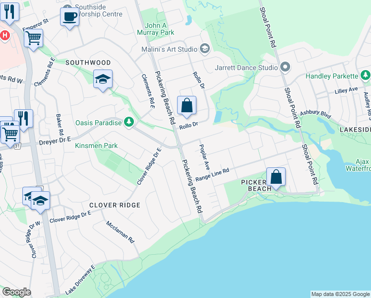 map of restaurants, bars, coffee shops, grocery stores, and more near 909 Pickering Beach Road South in Ajax
