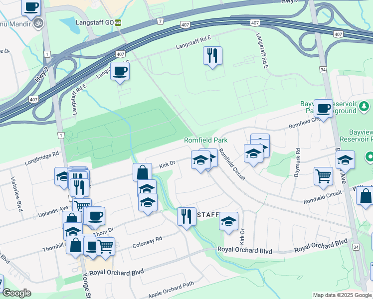 map of restaurants, bars, coffee shops, grocery stores, and more near 43 Shieldmark Crescent in Markham