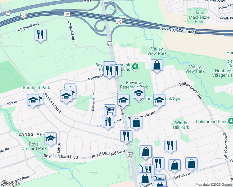 map of restaurants, bars, coffee shops, grocery stores, and more near 30 Dunsinane Drive in Markham