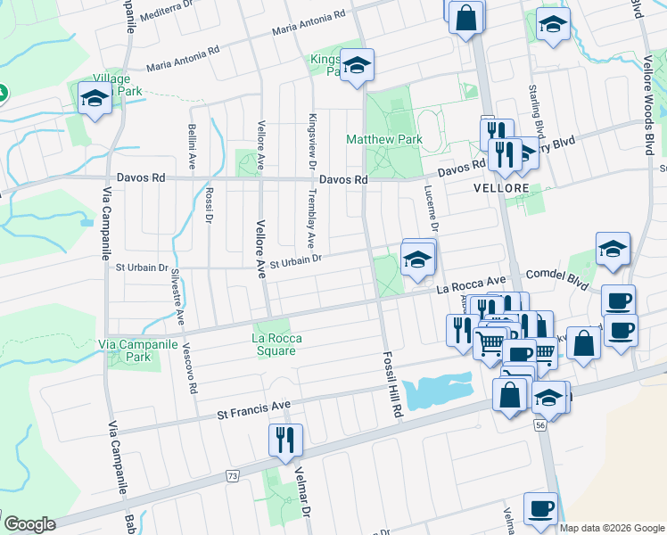 map of restaurants, bars, coffee shops, grocery stores, and more near 46 Dinsdale Drive in Vaughan