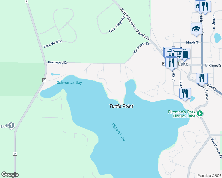 map of restaurants, bars, coffee shops, grocery stores, and more near 754 Elkhart Lake Drive in Elkhart Lake