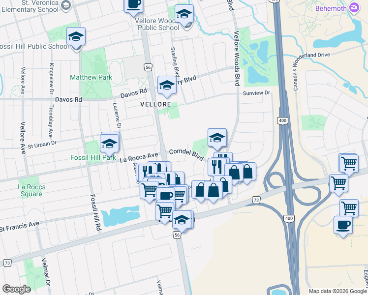 map of restaurants, bars, coffee shops, grocery stores, and more near 2 Lichen Court in Vaughan