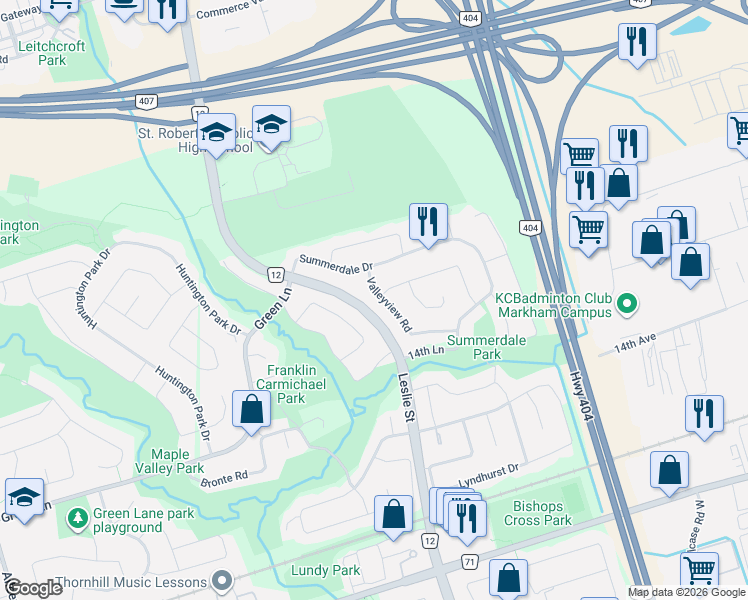 map of restaurants, bars, coffee shops, grocery stores, and more near 16 Valleyview Road in Markham