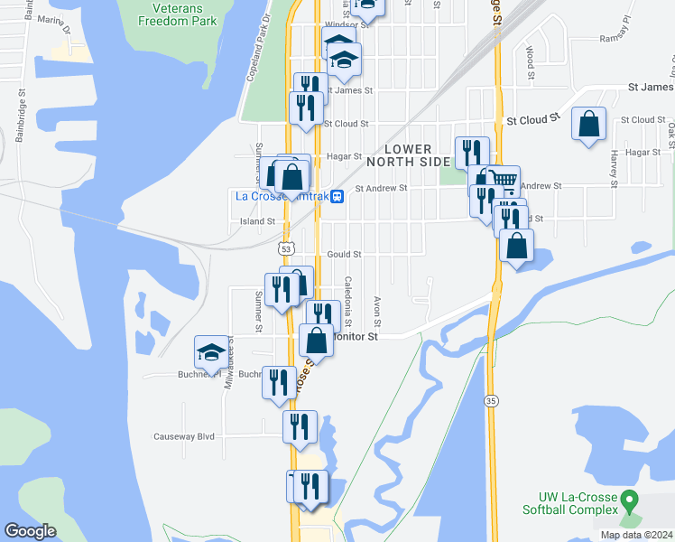 map of restaurants, bars, coffee shops, grocery stores, and more near 317 Caledonia Street in La Crosse