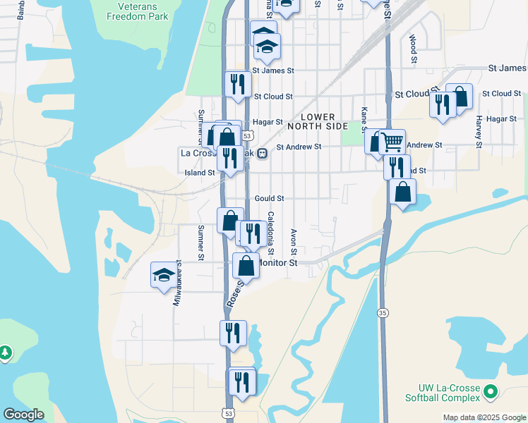 map of restaurants, bars, coffee shops, grocery stores, and more near 232 Caledonia Street in La Crosse