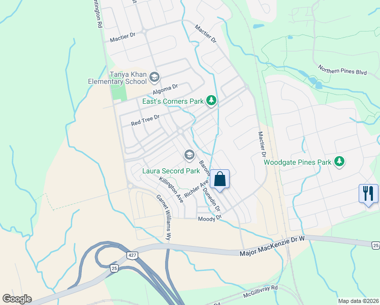 map of restaurants, bars, coffee shops, grocery stores, and more near 250 Barons Street in Vaughan