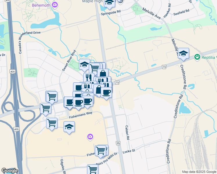 map of restaurants, bars, coffee shops, grocery stores, and more near 2901 Rutherford Road in Vaughan