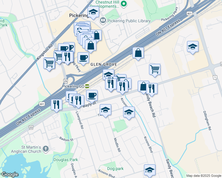 map of restaurants, bars, coffee shops, grocery stores, and more near 1408 Bayly Street in Pickering
