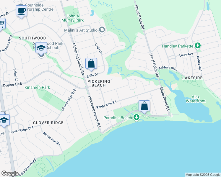 map of restaurants, bars, coffee shops, grocery stores, and more near 2954 Seabreeze Road in Ajax