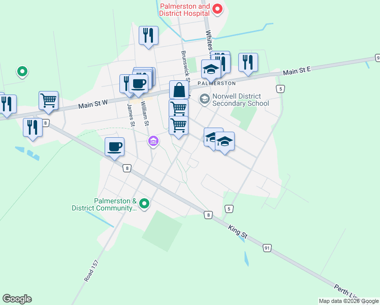 map of restaurants, bars, coffee shops, grocery stores, and more near 4 Trailer Park Road in Minto