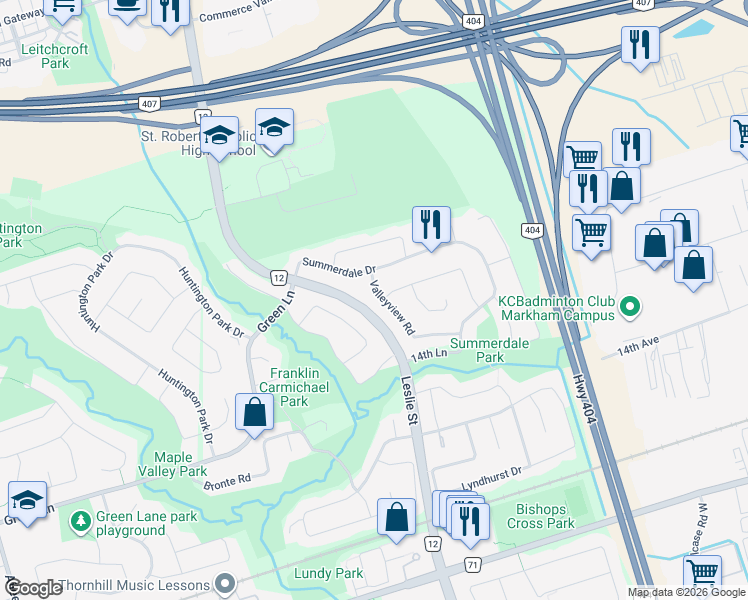 map of restaurants, bars, coffee shops, grocery stores, and more near 14 Valleyview Road in Markham