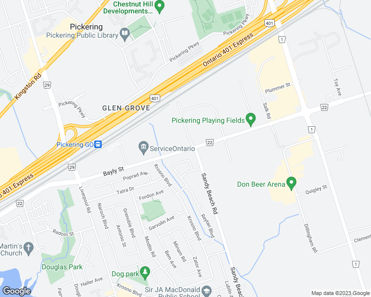 map of restaurants, bars, coffee shops, grocery stores, and more near 1486 Bayly Street in Pickering