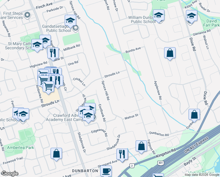 map of restaurants, bars, coffee shops, grocery stores, and more near 1831 Spruce Hill Road in Pickering