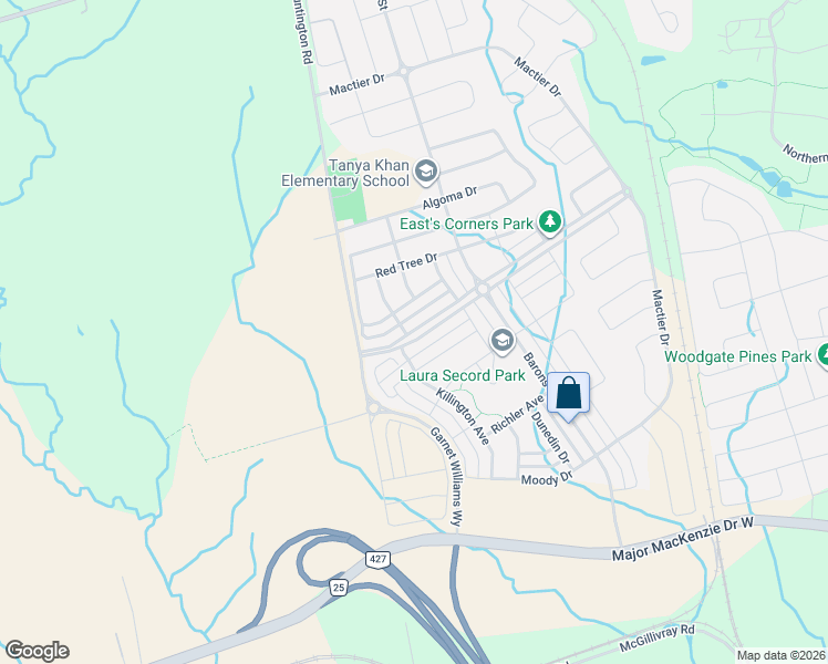 map of restaurants, bars, coffee shops, grocery stores, and more near 257 East's Corners Boulevard in Vaughan