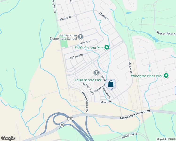 map of restaurants, bars, coffee shops, grocery stores, and more near 111 East's Corners Boulevard in Vaughan