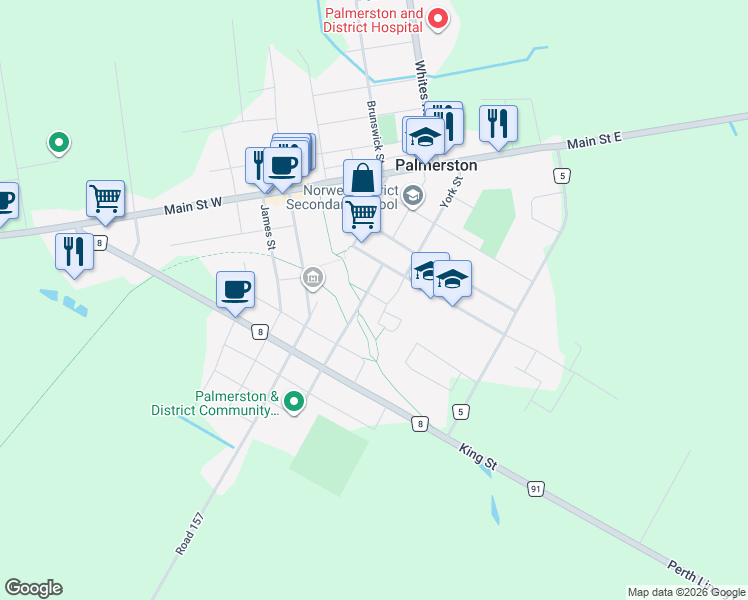 map of restaurants, bars, coffee shops, grocery stores, and more near 460 Prospect Street in Palmerston