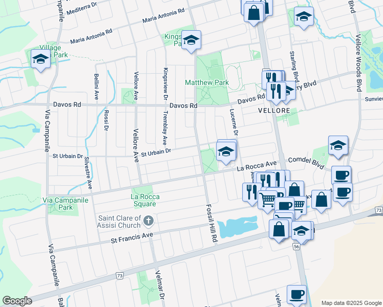 map of restaurants, bars, coffee shops, grocery stores, and more near 14 Dinsdale Drive in Vaughan