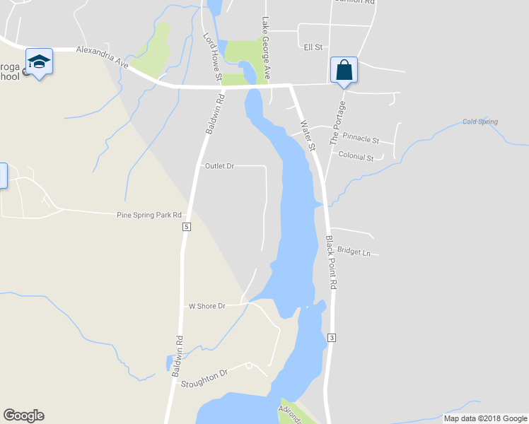 map of restaurants, bars, coffee shops, grocery stores, and more near 116 Outlet Drive in Ticonderoga