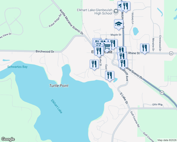 map of restaurants, bars, coffee shops, grocery stores, and more near 261 Turtle Hollow in Elkhart Lake